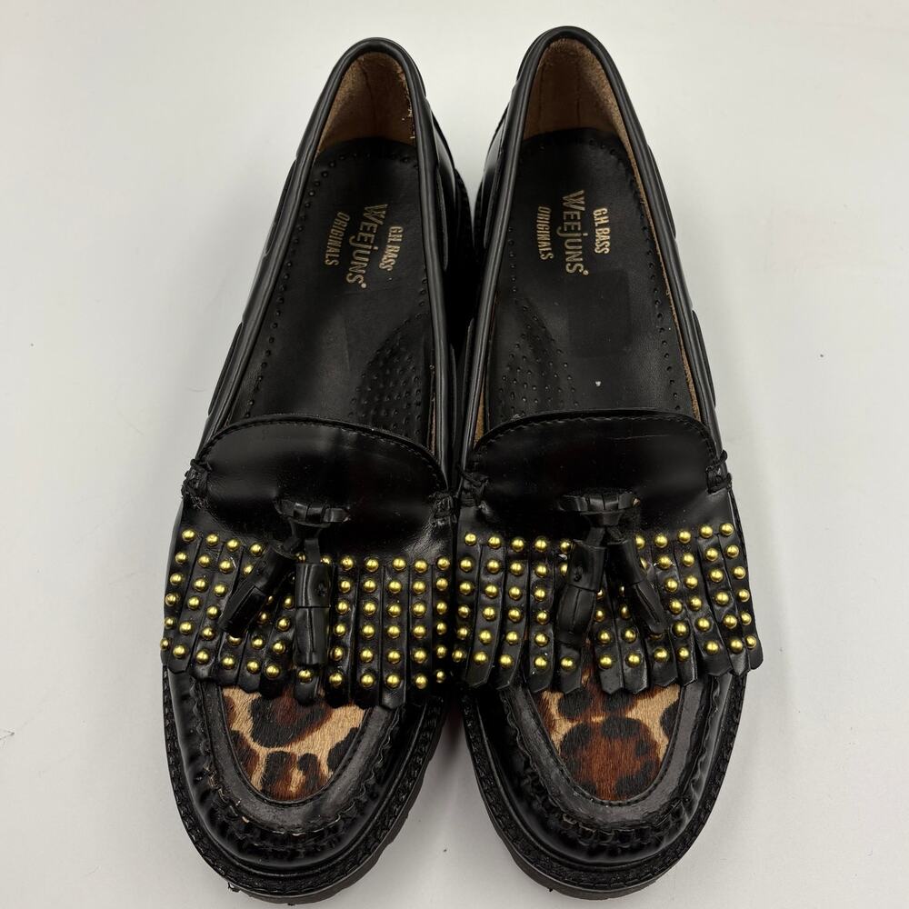 Bass Weejuns 8 Esther Stud Loafers Shoes Leopard Calf Hair Kiltie Fringe